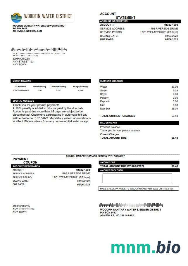 USA North Carolina Woodfin Sanitary Water & Sewer District rachunek za media szablon w formacie Word i PDF
